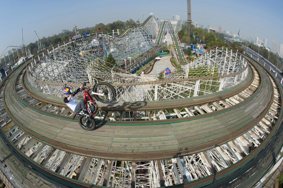 French Moto Trials Rider rides his Bike over Montana Rusa Roller Coaster in Mexico