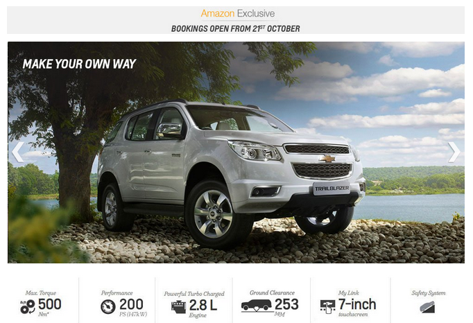 Chevrolet TrailBlazer’s Booking To Open From 21st October 2015 On Amazon.in